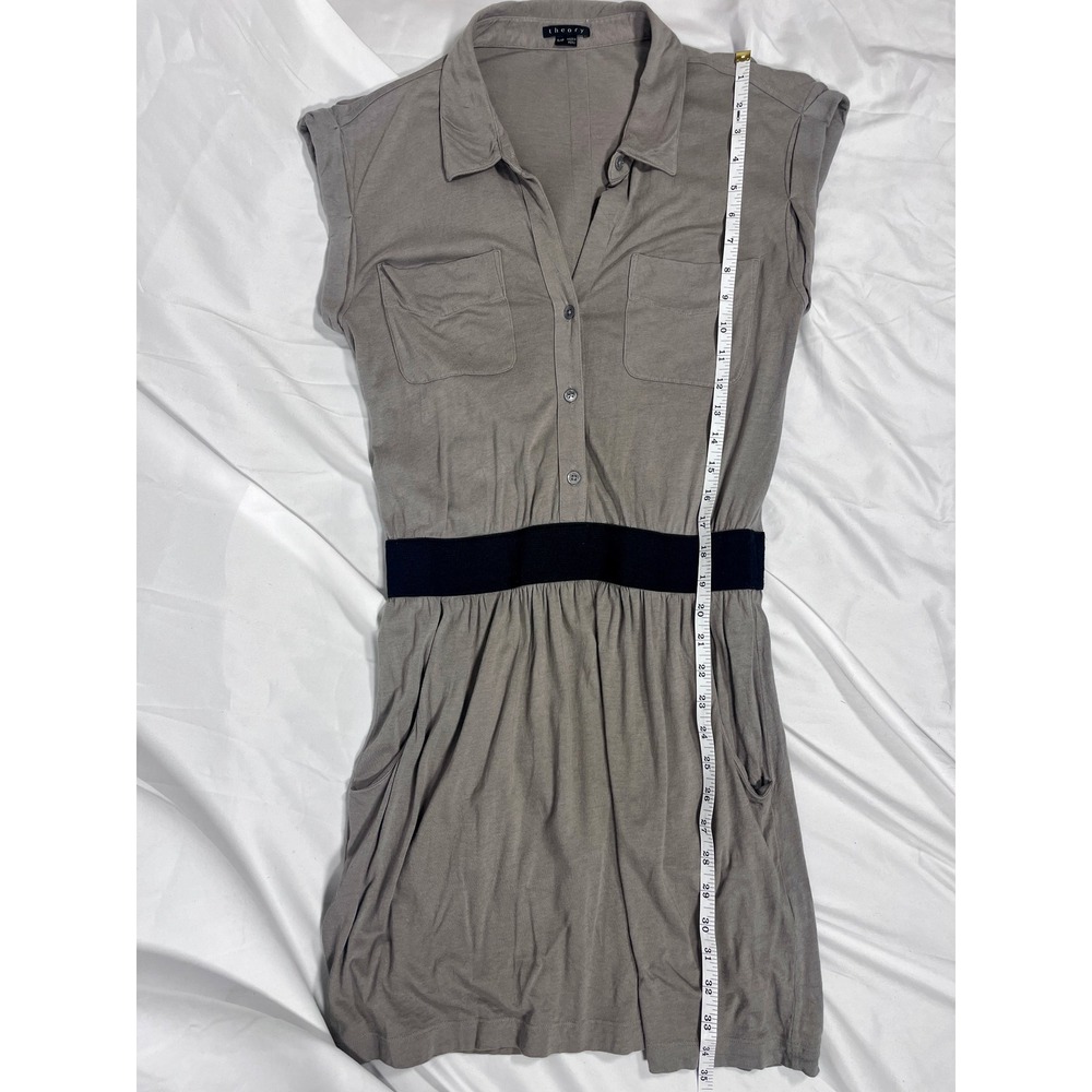 Theory Gray Shirt Dress Sz Small Cotton Modal Mini Dress Black Waistband Pockets - Picture 7 of 7